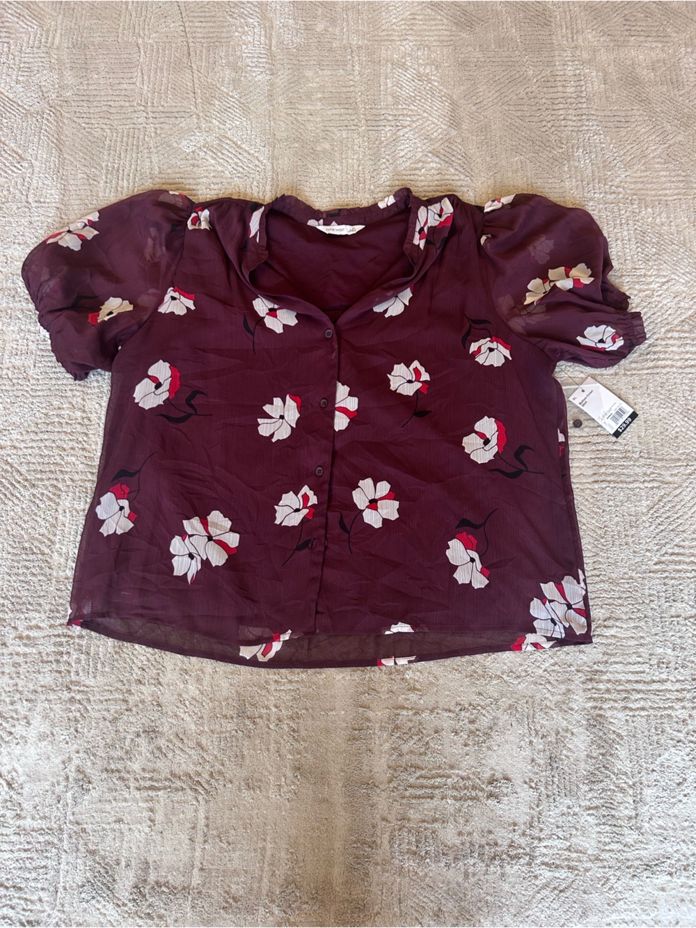 Women’s Nine West Burgundy Floral Puff-Sleeve Shirt